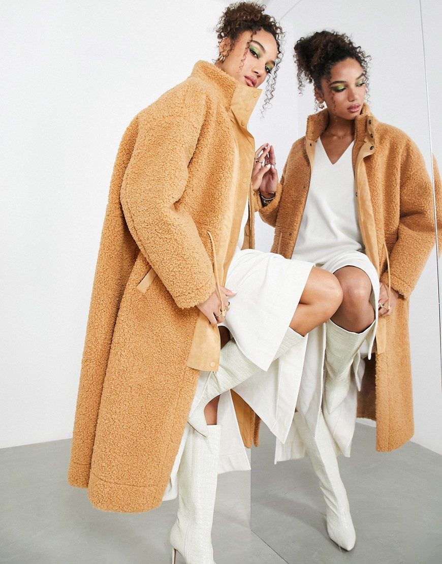 ASOS EDITION borg funnel neck coat with drawstring in camel-Neutral