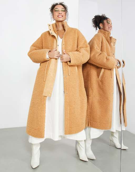 ASOS Edition borg funnel neck coat with drawstring in camel