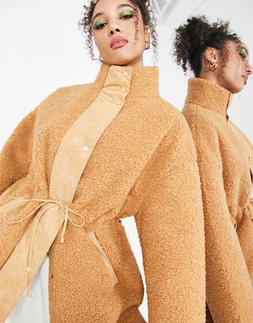 ASOS Edition borg funnel neck coat with drawstring in camel