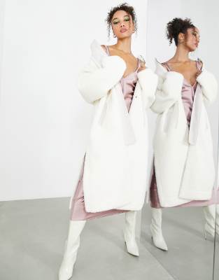 Edition borg funnel neck coat with drawstring in cream - Click1Get2 Sale