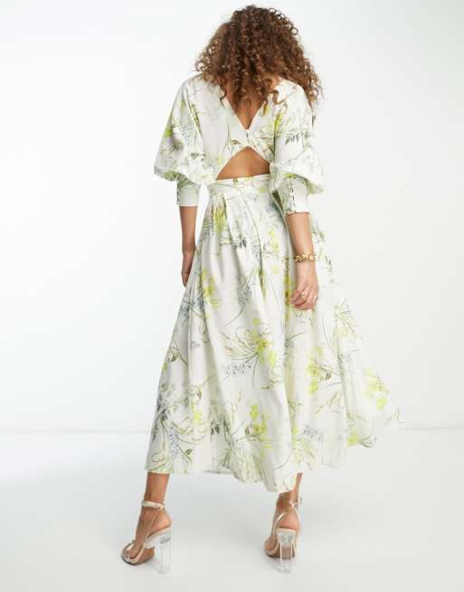 ASOS EDITION – Botaniskt blommönstrad midiklänning i linne med omlottdesign framtill, 2 av 4