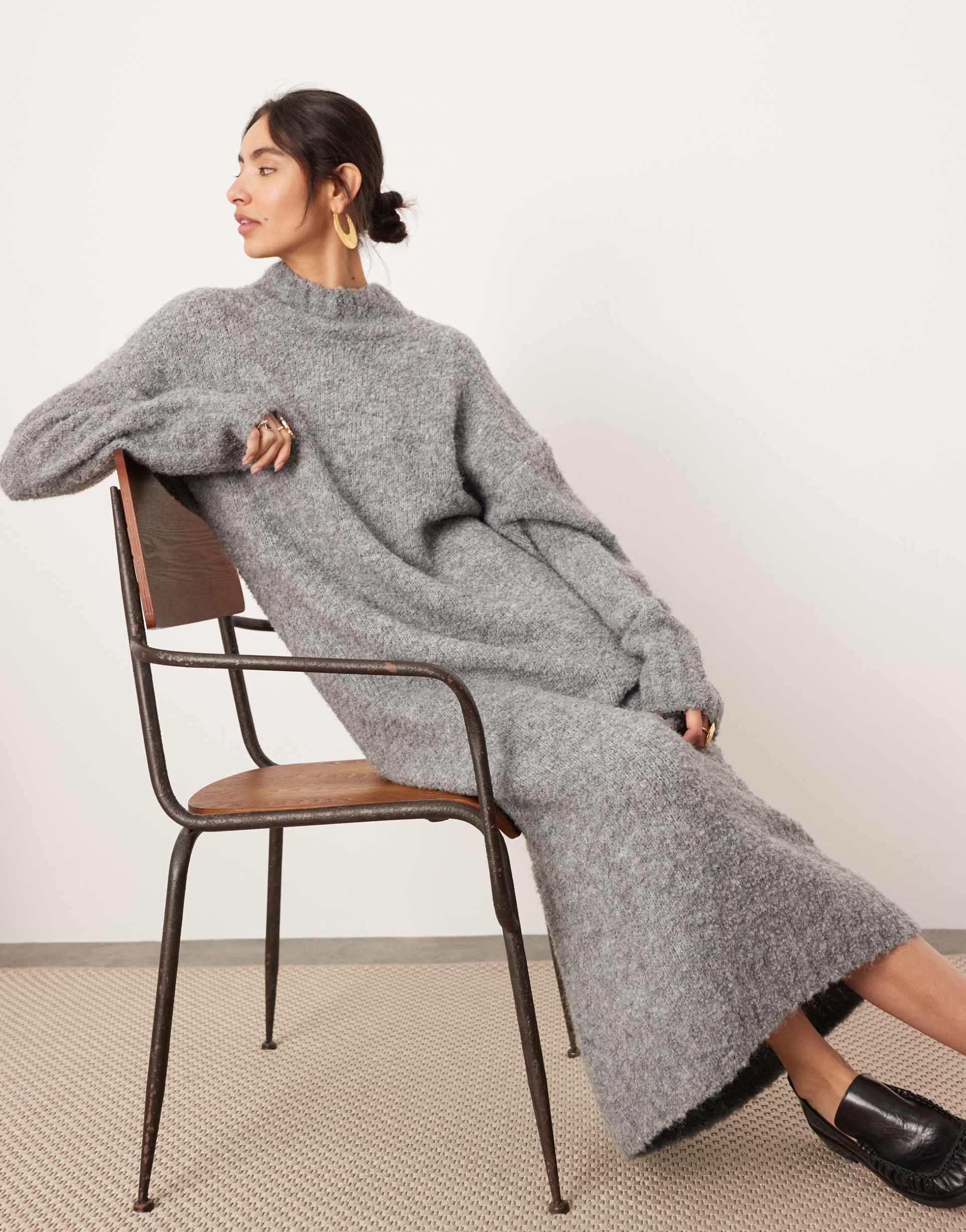 asos edition boucle chunky knit high neck maxi dress in gray