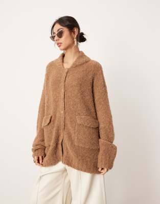 boucle knit oversized button up cardigan in camel-Neutral