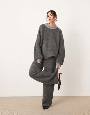 boucle knit wide leg pants in charcoal - part of a set-Gray