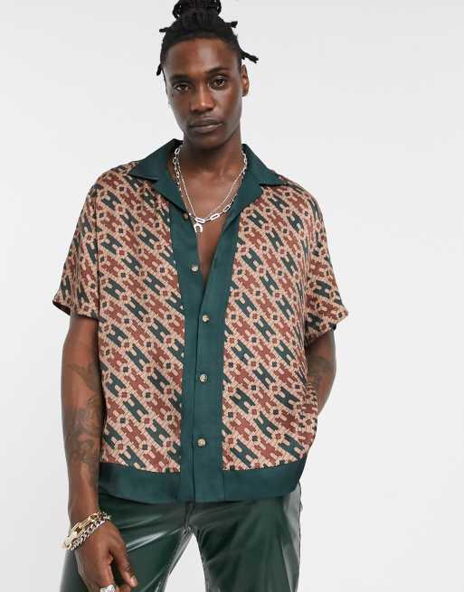 ASOS EDITION bowling shirt in satin geo border print | ASOS