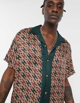 ASOS EDITION bowling shirt in satin geo border print