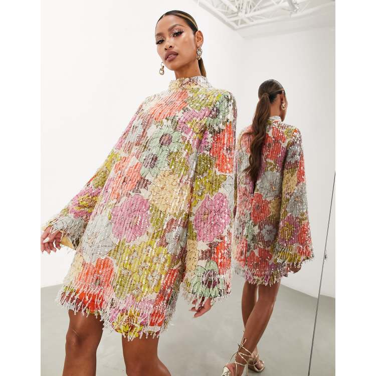 asos edition floral sequin and bead mini dress ASOS EDITION bright floral print and sequin high neck mini dress with  fringe