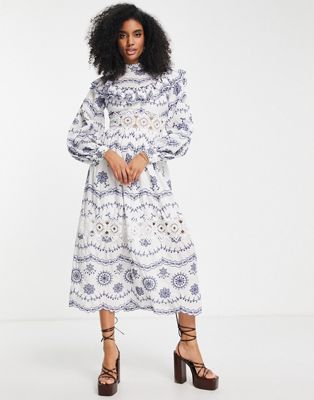 ASOS EDITION broderie blouson sleeve midi dress with contrast embroidery