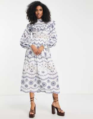 EDITION broderie blouson sleeve midi dress with contrast embroidery - Click1Get2 Sale