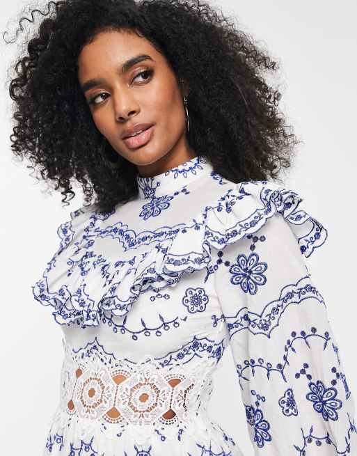 ASOS EDITION wrap front broderie midi dress with blouson sleeve in white