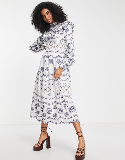 ASOS EDITION broderie blouson sleeve midi dress with contrast embroidery