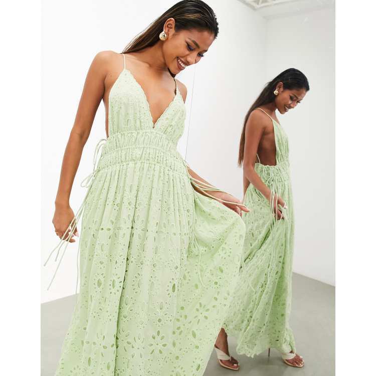 ASOS EDITION broderie cami maxi dress with ruched waist in sage green