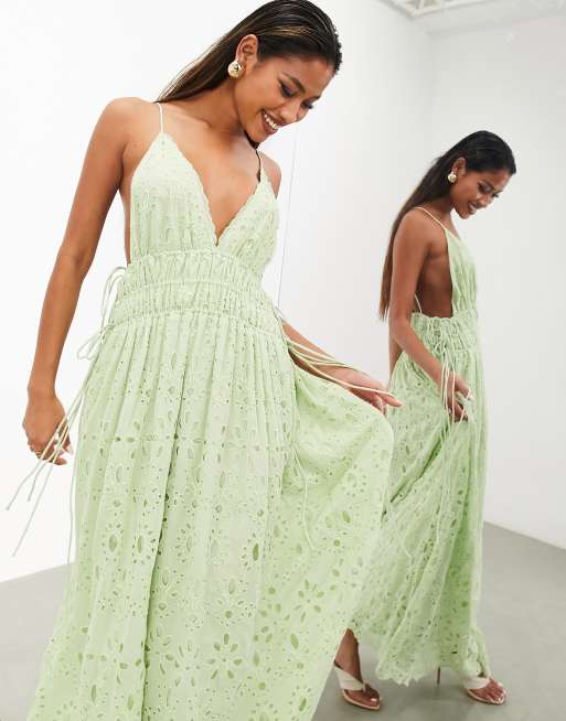 ASOS EDITION broderie cami maxi dress with ruched waist in sage green ASOS