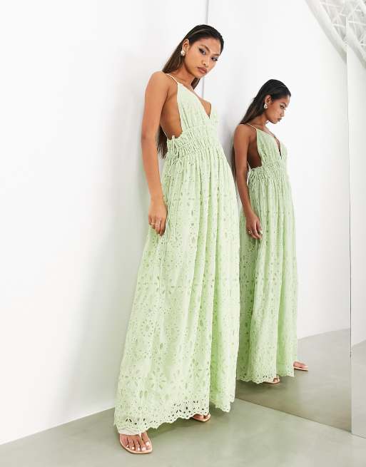 ASOS EDITION broderie cami maxi dress with ruched waist in sage green