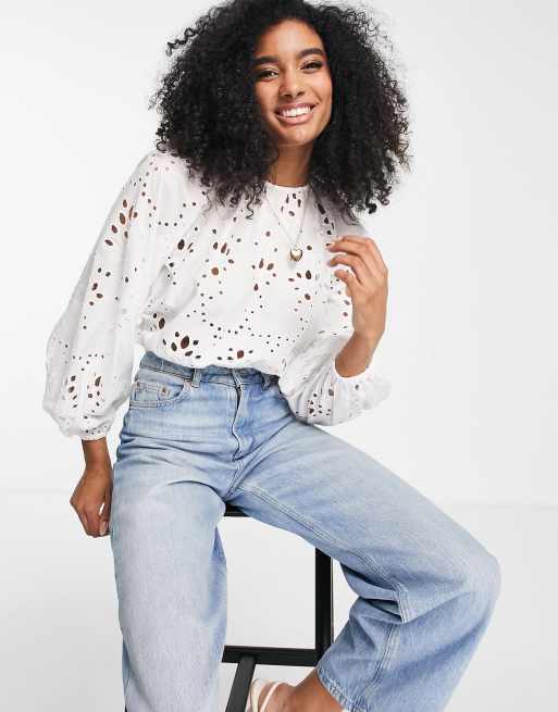 ASOS Premium Broderie Crop Top with Puff Sleeve