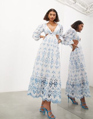 ASOS EDITION broderie cut out detail long sleeve midi dress in blue floral print