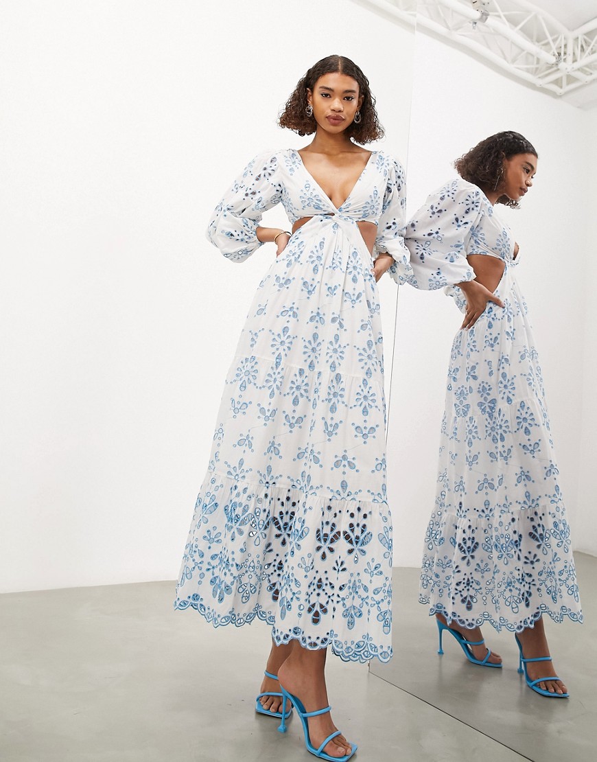 ASOS EDITION broderie cut out detail long sleeve midi dress in blue floral print-Multi