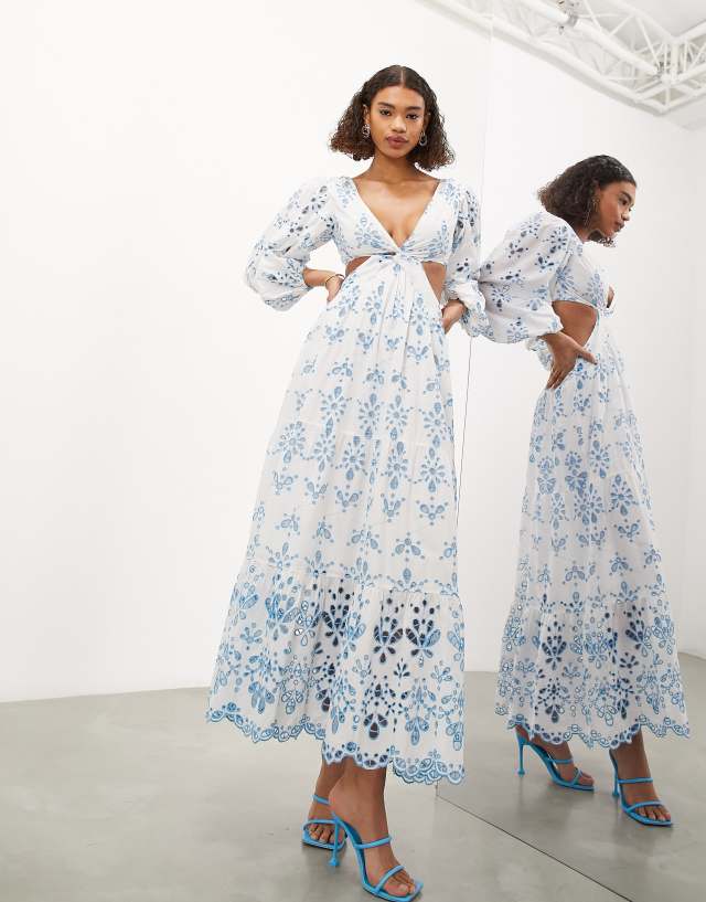 ASOS EDITION broderie cut out detail long sleeve midi dress in blue floral print