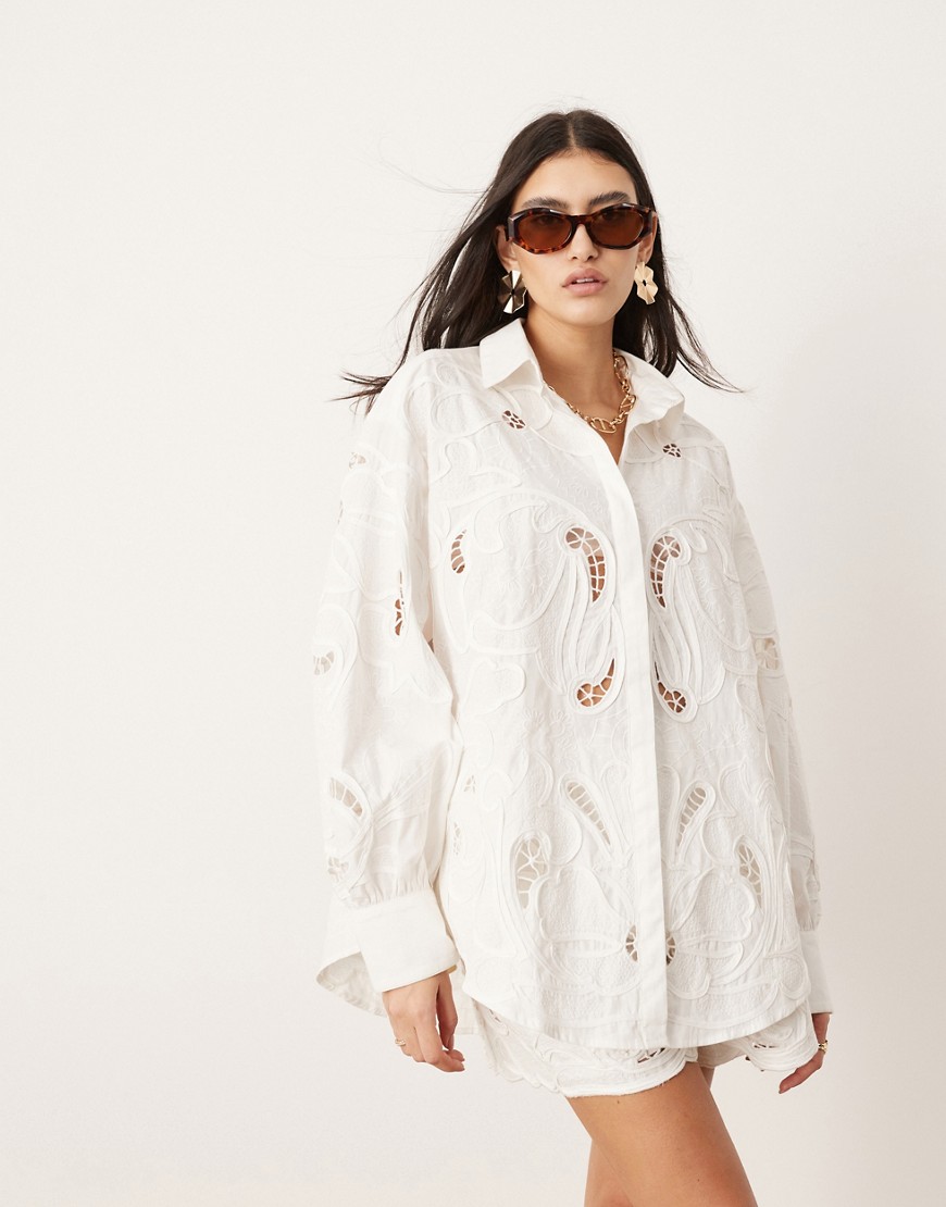 ASOS EDITION broderie cut work oversized shirt co-ord in white