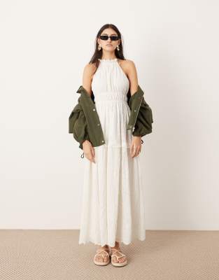 broderie halter maxi dress with open back in white