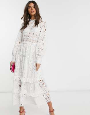 Asos Design V Neck Eyelet Midi Dress With Puff Sleeve In White