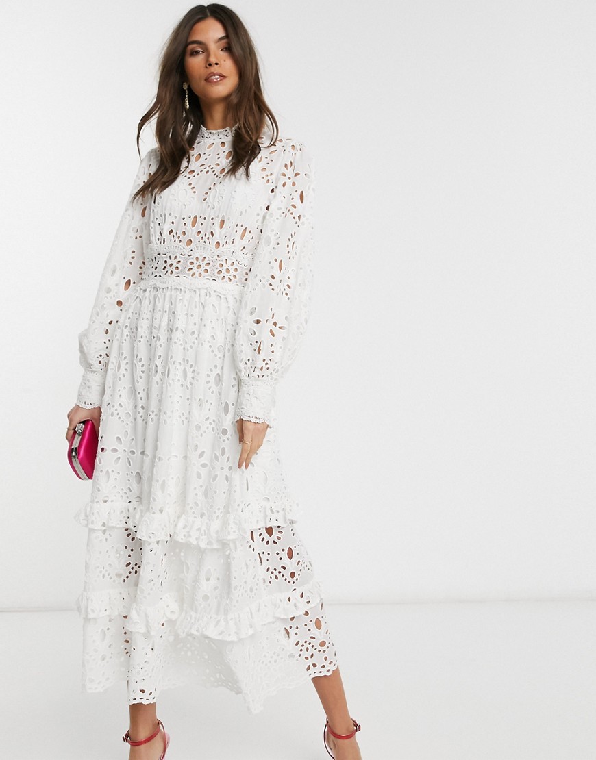 ASOS EDITION broderie midi dress with balloon sleeves-White