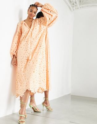 ASOS EDITION broderie midi dress with blouson sleeves and tie front