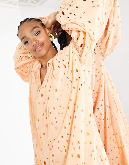 ASOS EDITION broderie midi dress with blouson sleeves and tie front, 3 of 4