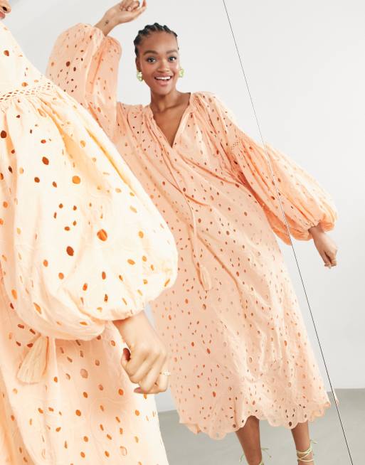 ASOS EDITION broderie midi dress with blouson sleeves and tie front, 4 of 4