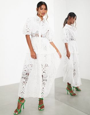 ASOS EDITION broderie midi shirt dress with puff sleeve in white
