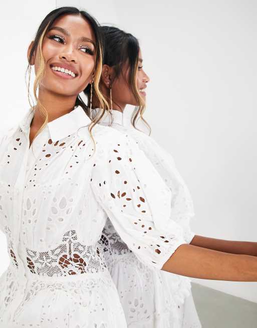 ASOS EDITION broderie midi shirt dress with puff sleeve in white