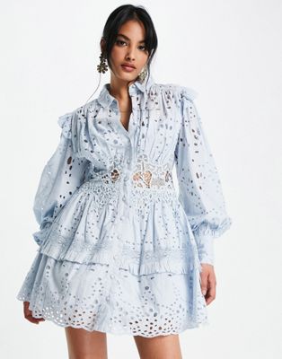 ASOS EDITION broderie mini shirt dress in pale blue