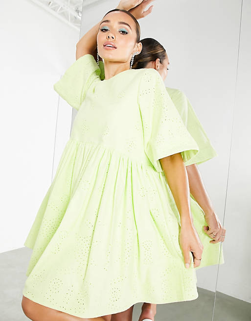 Designer Brands broderie mini smock dress in lime 