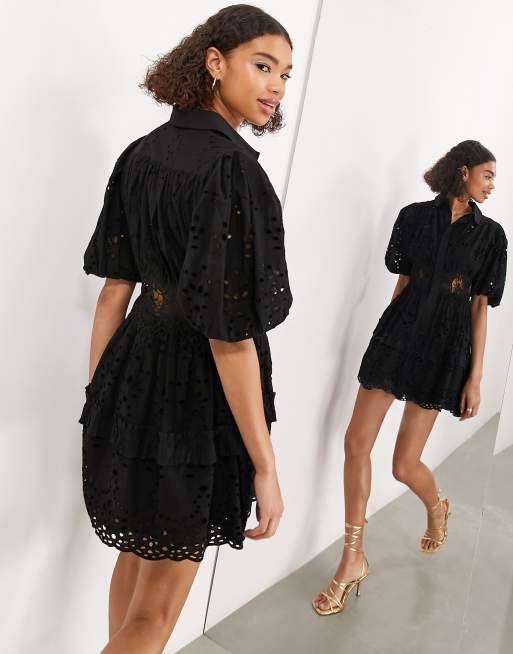 Puff Sleeve Button Down Mini Shirt Dress Black