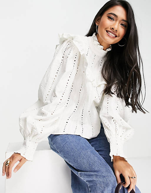 Tops Shirts & Blouses/broderie ruffle collar top in white 