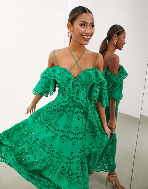 Green ruffle hotsell midi dress