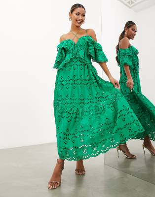 asos green broderie dress Asos Broderie Drawstring Long Sleeve Midi Shirt Dress In Bright Green main image 1