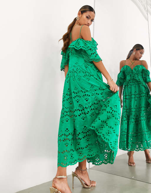 ASOS Design Floral Appliqué Fringe Midi Dress in Medium Green