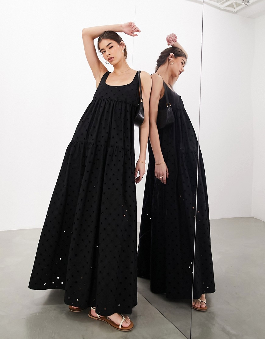 ASOS EDITION broderie super full scoop neck tiered maxi dress in black