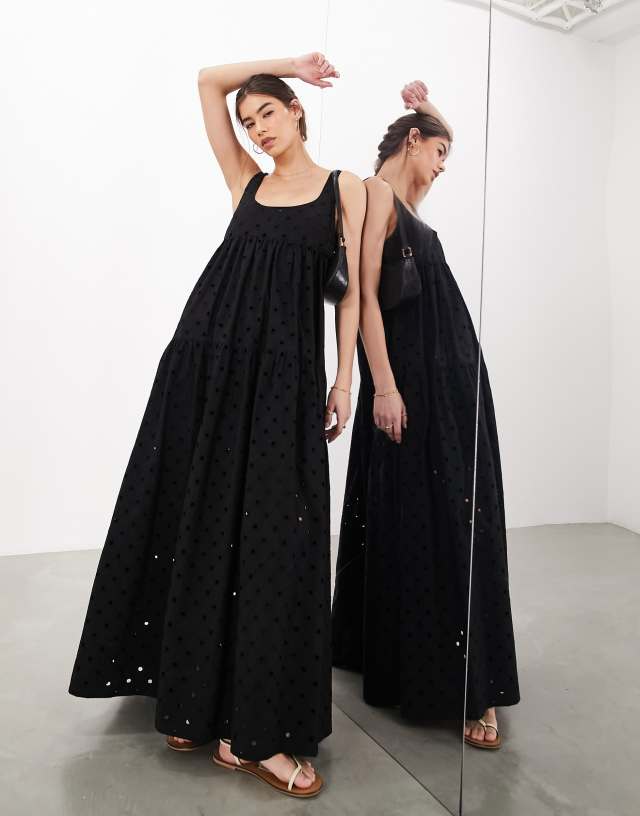 ASOS EDITION - broderie super full scoop neck tiered maxi dress in black