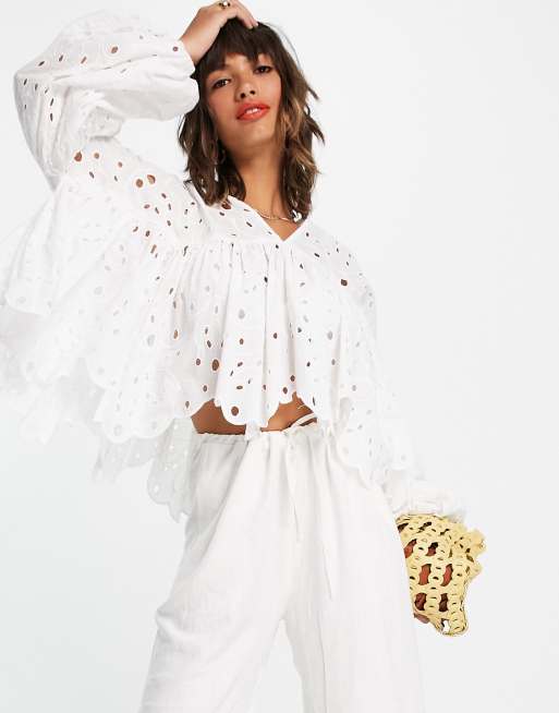 ASOS EDITION broderie ruffle collar top in white