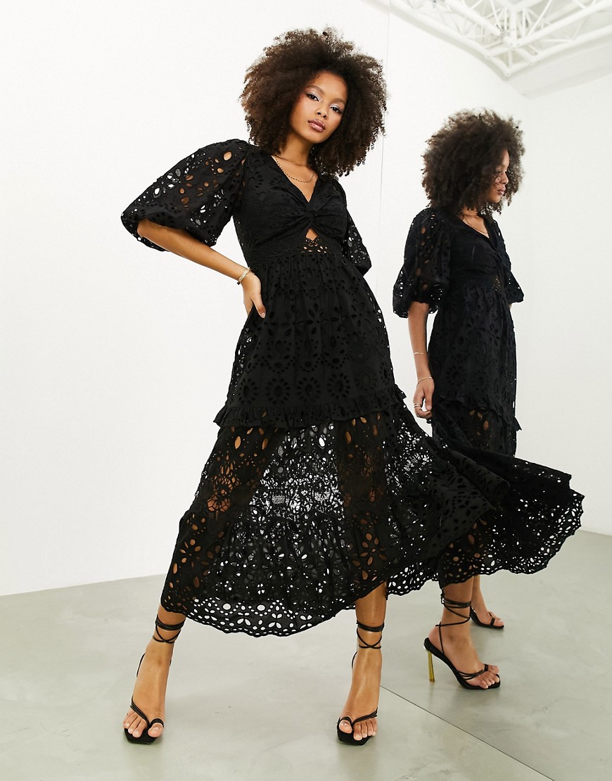ASOS EDITION broderie twist front midi dress with puff sleeve in black