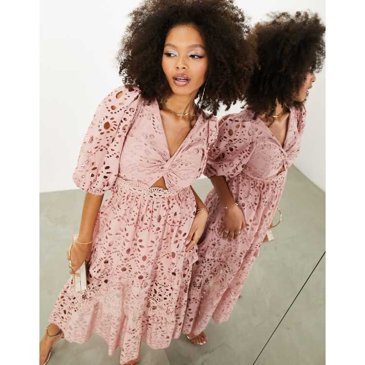 Pink lace midi hot sale dress with sleeves