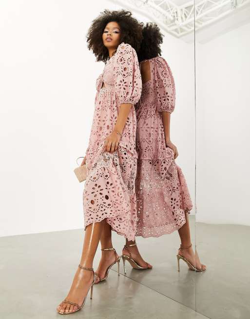 Asos pink lace midi sales dress