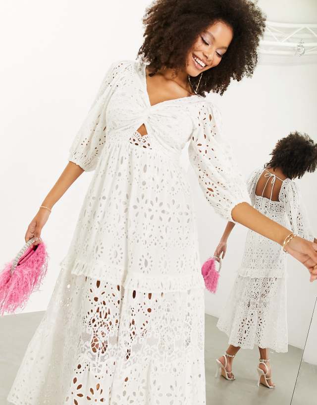 ASOS EDITION - broderie twist front midi dress with puff sleeve in white