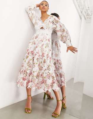 ASOS EDITION broderie twist front midi dress with puff sleeves in floral print