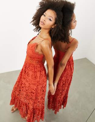 asos edition broderie waisted cami midi dress in terracotta