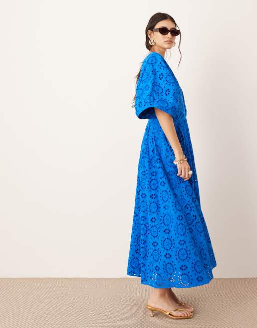 ASOS EDITION broderie wide sleeve plunge midi dress in blue ASOS