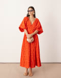 [ASOS EDITION] ASOS EDITION broderie wide sleeve plunge midi dress in red-Black 4 Red
