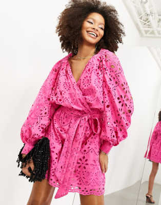 ASOS EDITION ASOS EDITION broderie wrap belted mini dress in bright pink